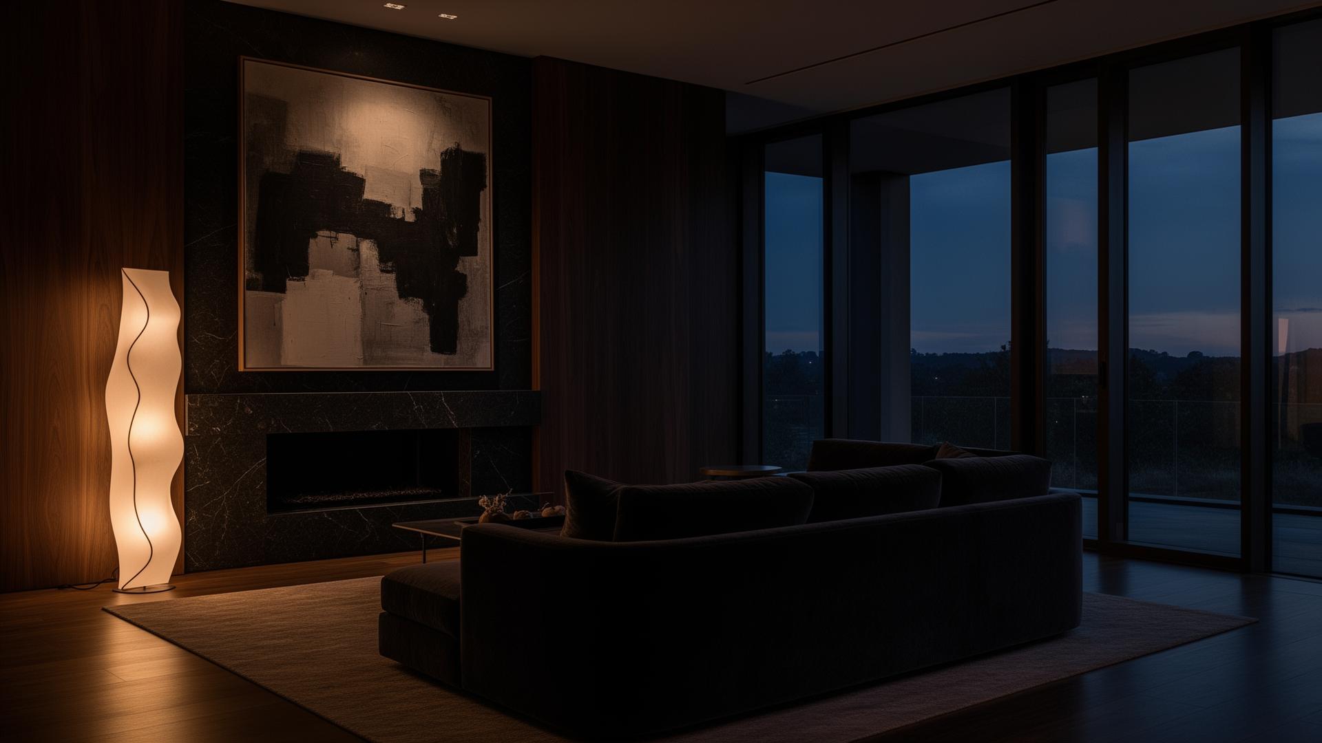 Dimly lit luxury living interior at dusk